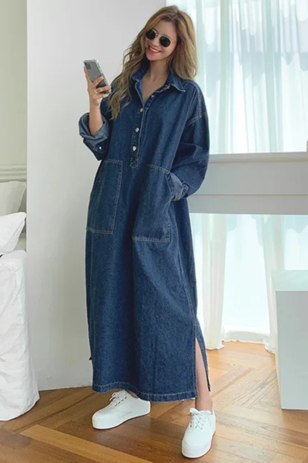 Joanna | Women's Collared Button Front Denim Maxi Dress