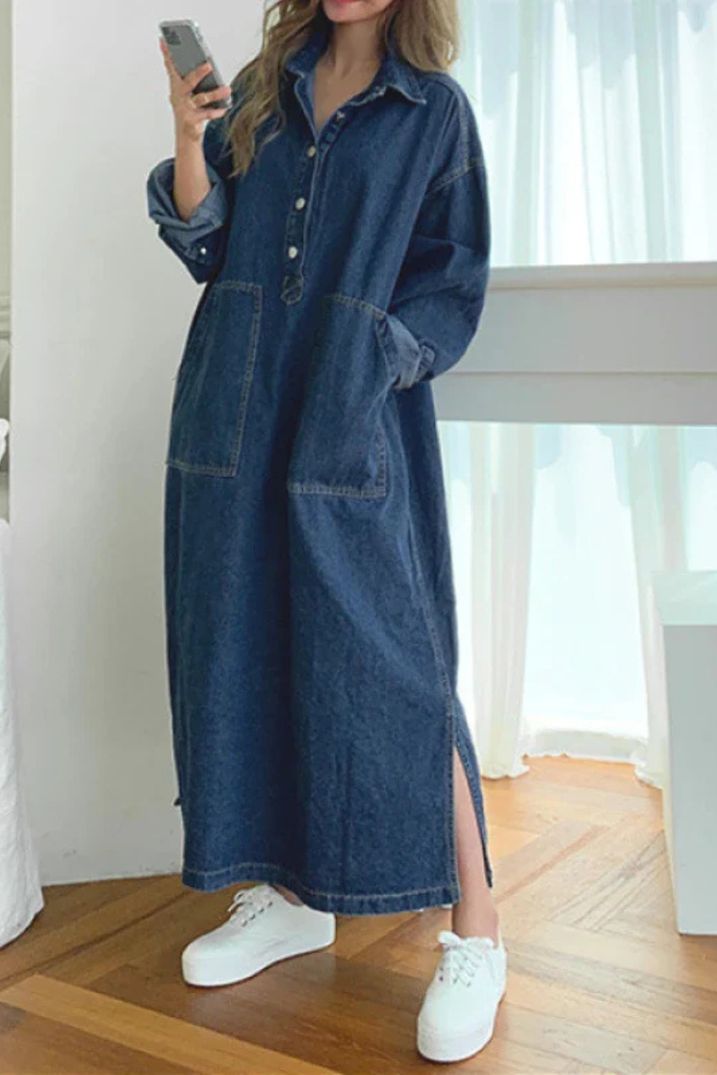 Joanna | Women's Collared Button Front Denim Maxi Dress