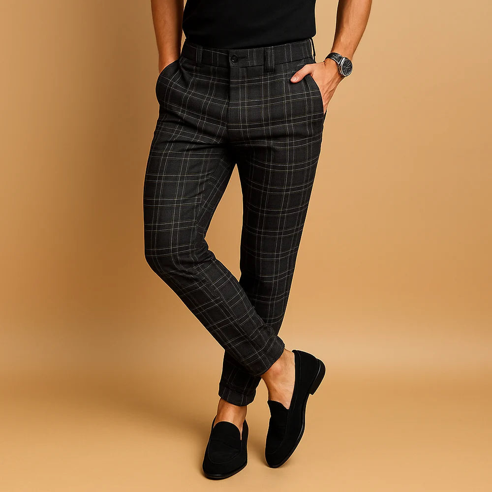 Judith | Men's Check Pattern Mid Rise Slim Fit Dress Pants