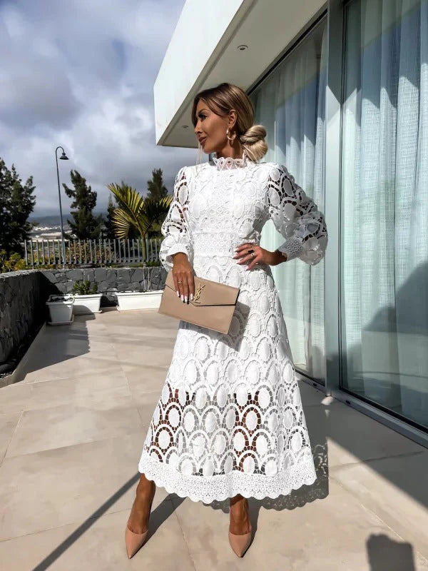 Julia | Women’s Mock Neck Puff Sleeve Midi Dress