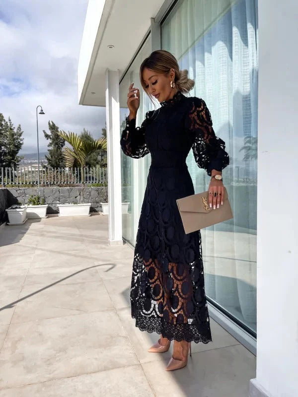Julia | Women’s Mock Neck Puff Sleeve Midi Dress