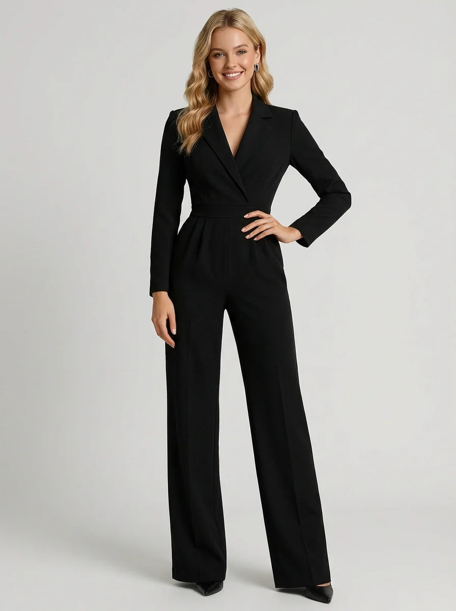Julia | Women’s V Neck Long Sleeve Wide Leg Jumpsuit