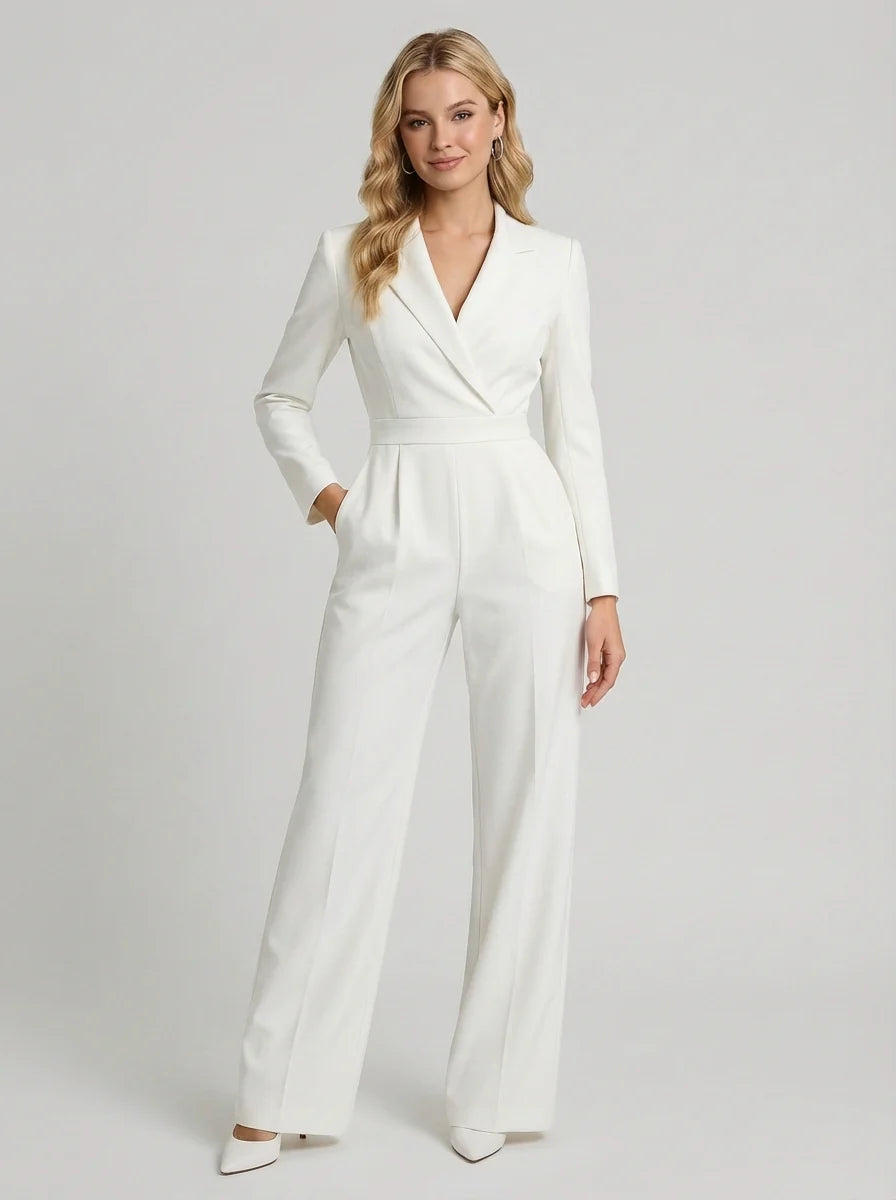 Julia | Women’s V Neck Long Sleeve Wide Leg Jumpsuit