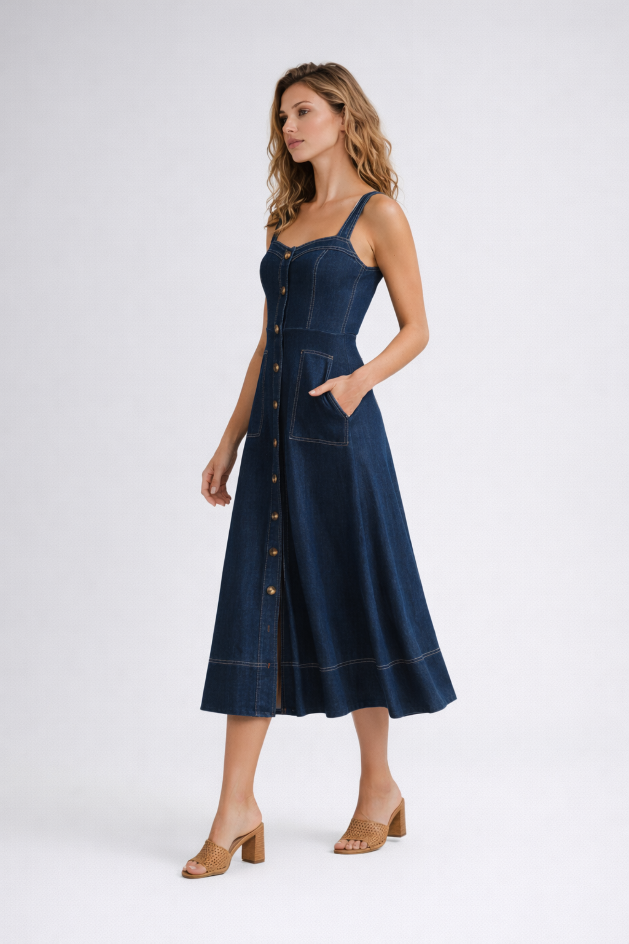 Justice | Women's Fitted Sleeveless Button Front Denim Midi Dress