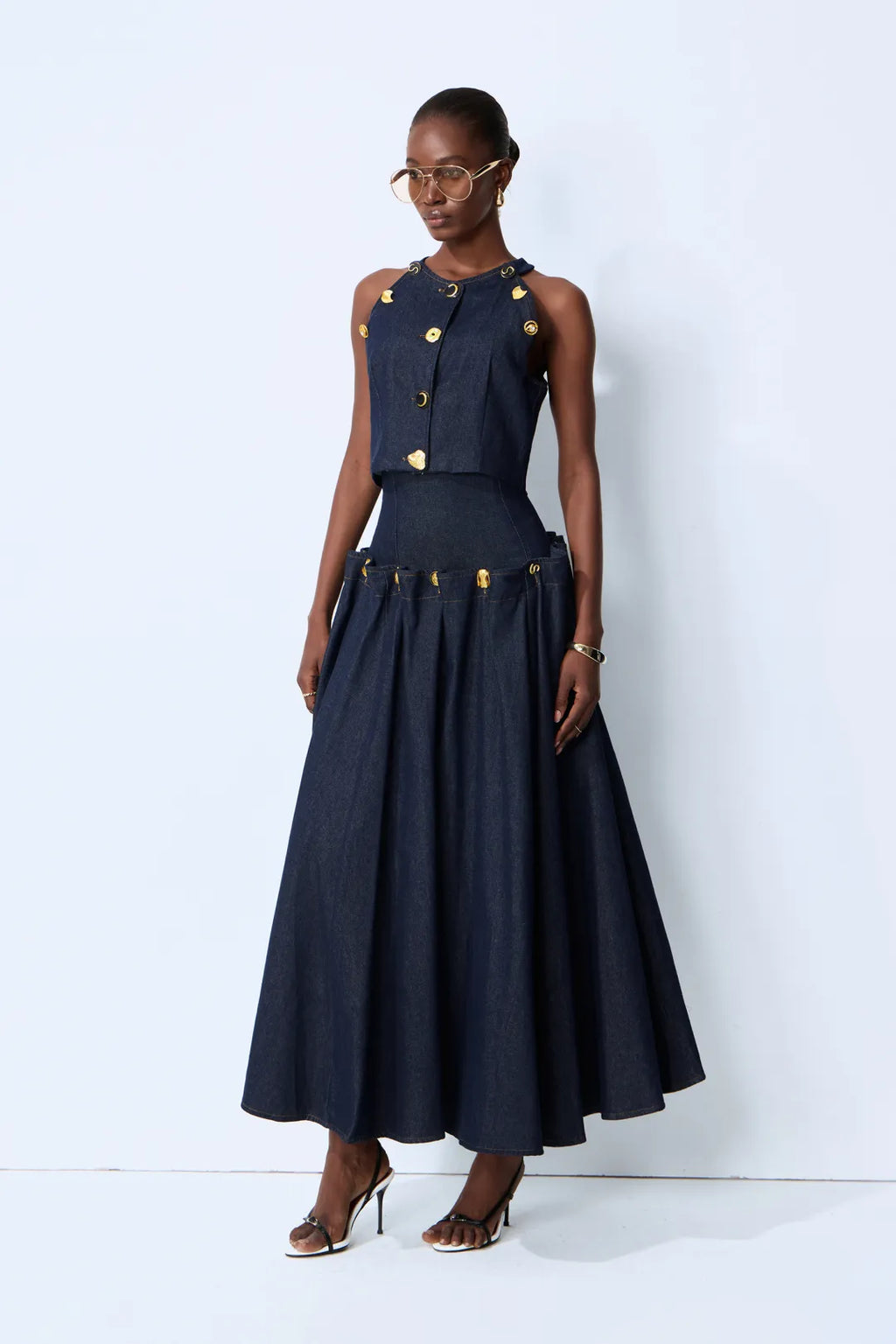 Karla | Women’s Halter Neck Button Front Pleated Denim Two Piece Set