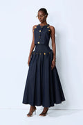 Karla | Women’s Halter Neck Button Front Pleated Denim Two Piece Set