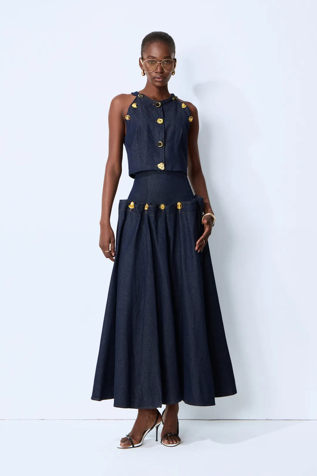 Karla | Women’s Halter Neck Button Front Pleated Denim Two Piece Set