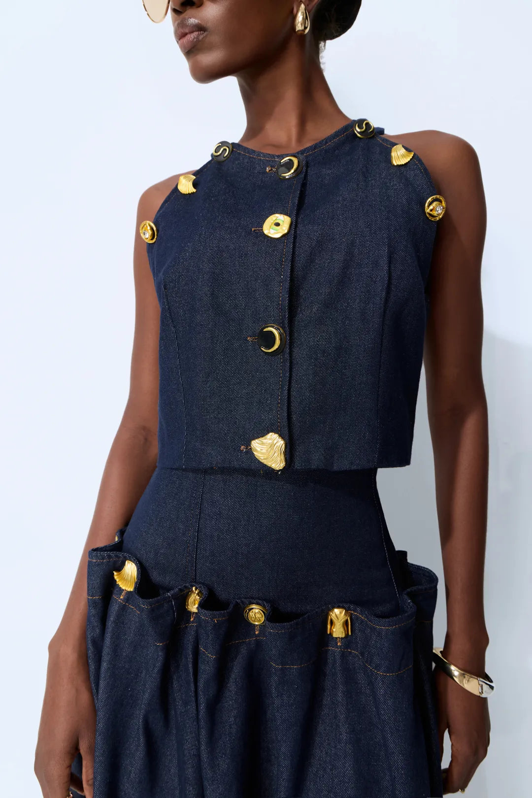 Karla | Women’s Halter Neck Button Front Pleated Denim Two Piece Set