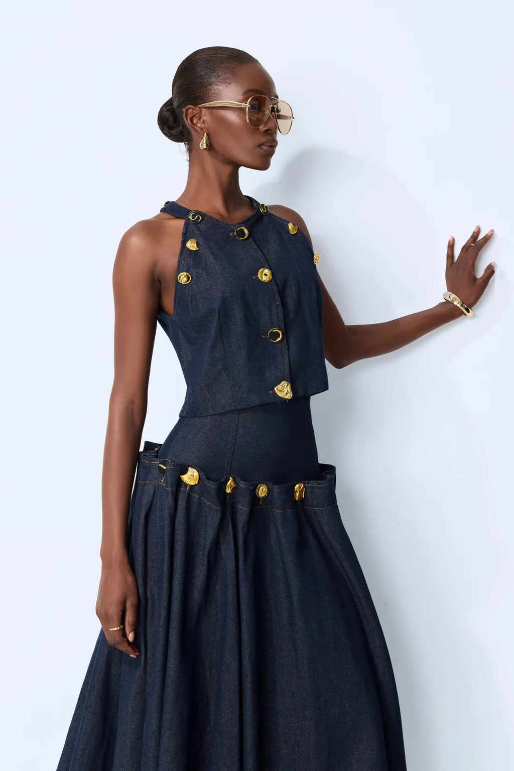 Karla | Women’s Halter Neck Button Front Pleated Denim Two Piece Set