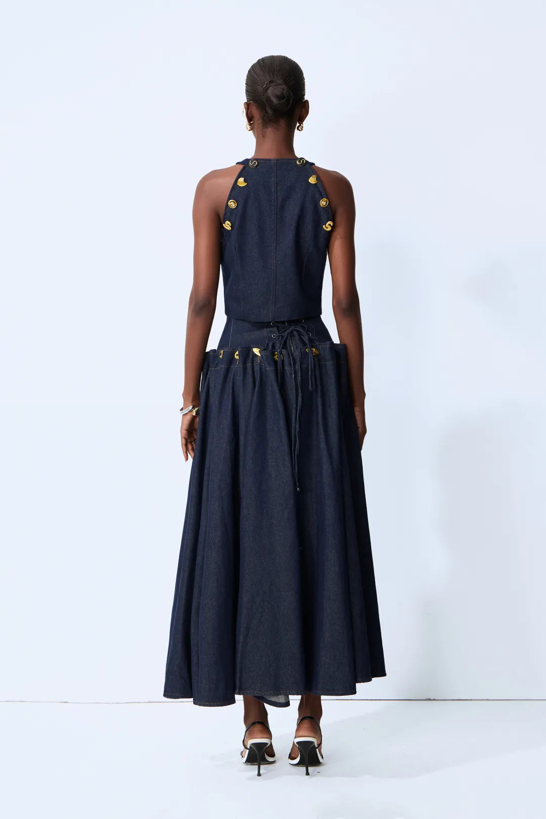 Karla | Women’s Halter Neck Button Front Pleated Denim Two Piece Set