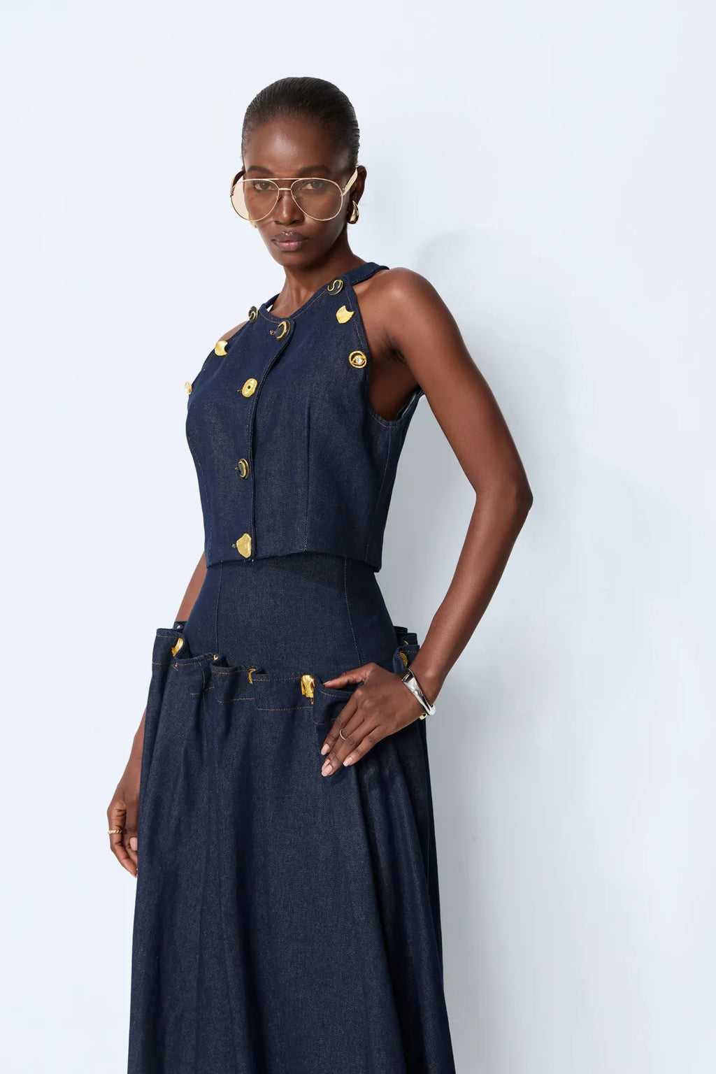 Karla | Women’s Halter Neck Button Front Pleated Denim Two Piece Set