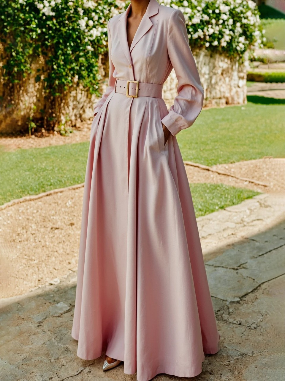 Katelynn | Women's Structured Belted Notched Lapel Flowy Maxi Dress