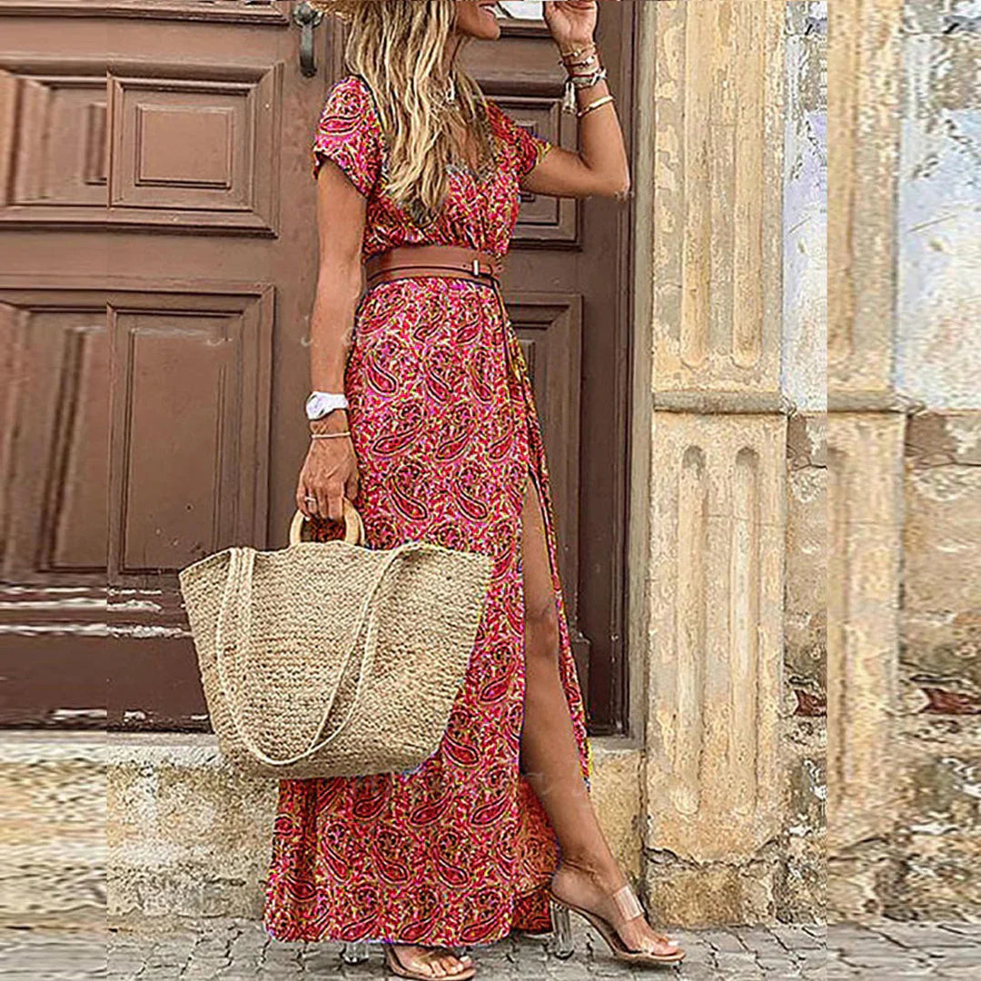 Katie | Women's Patterned V Neck High Slit Flowy Maxi Dress