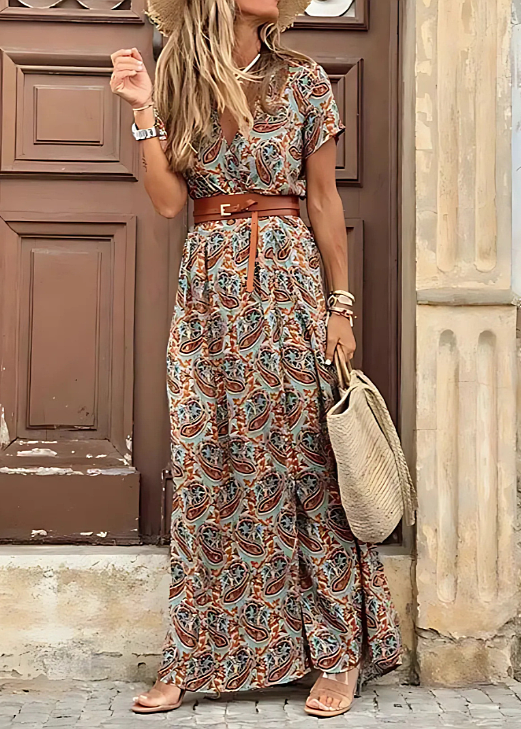 Katie | Women's Patterned V Neck High Slit Flowy Maxi Dress