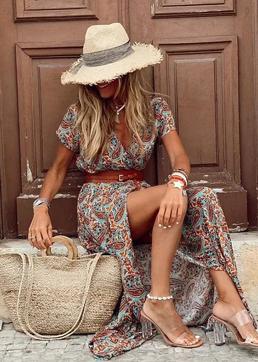 Katie | Women's Patterned V Neck High Slit Flowy Maxi Dress