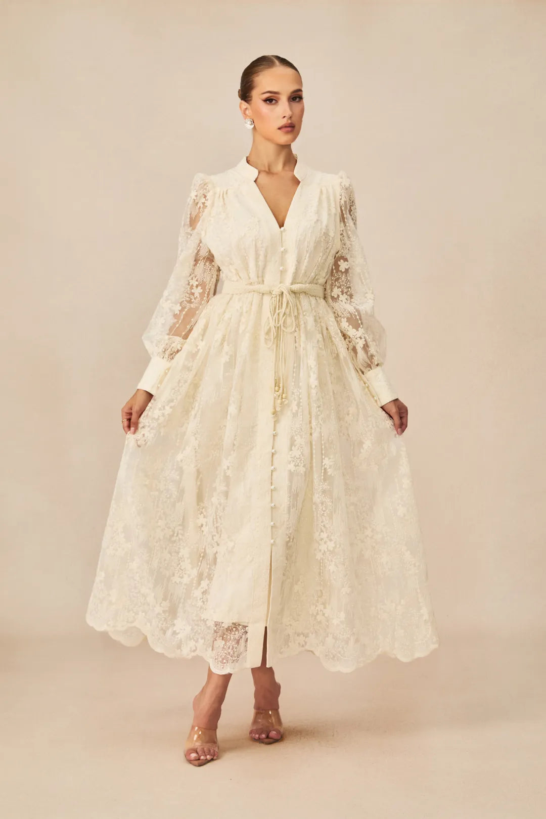 Kayla | Women’s Long Sleeve Waist Tie V Neck Flowy Midi Dress