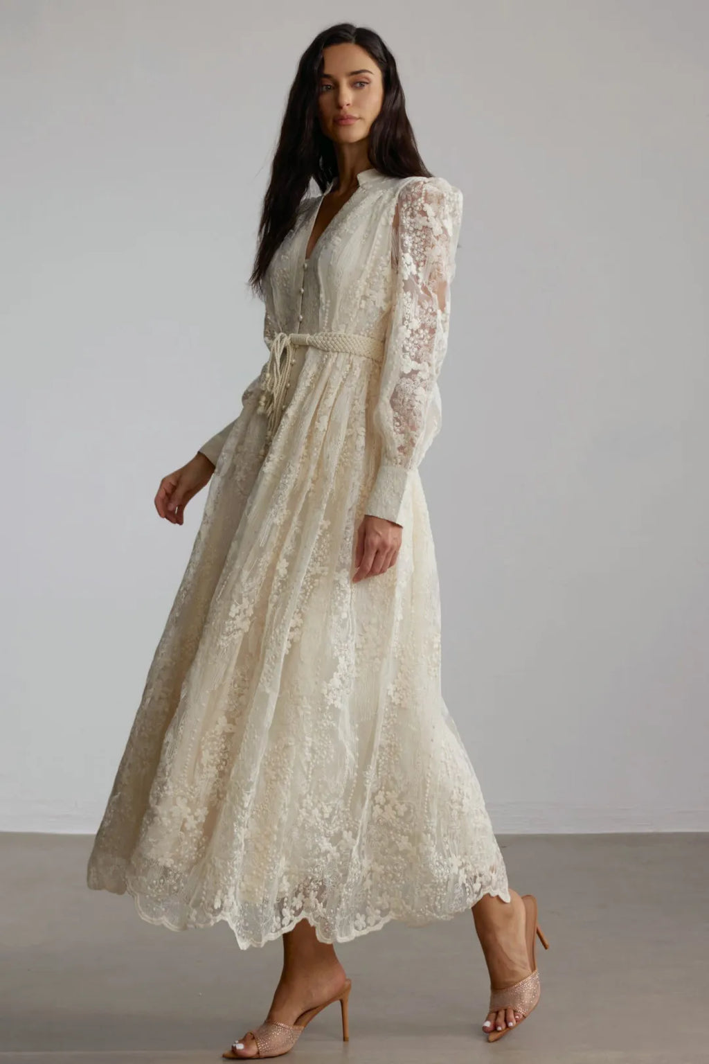 Kayla | Women’s Long Sleeve Waist Tie V Neck Flowy Midi Dress