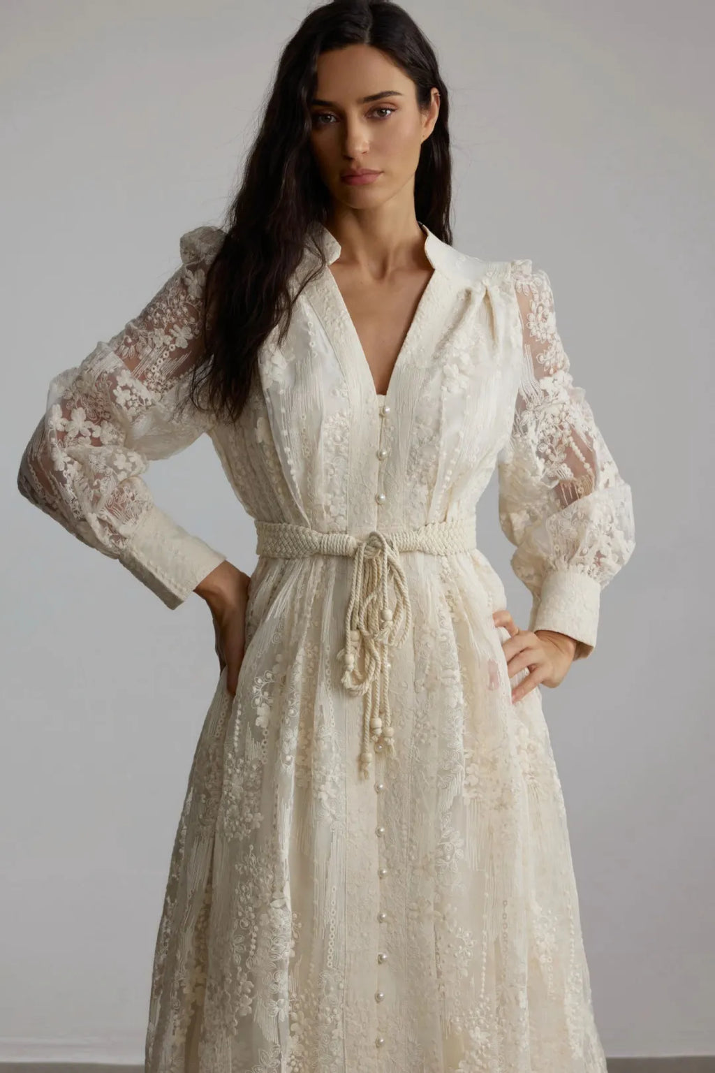 Kayla | Women’s Long Sleeve Waist Tie V Neck Flowy Midi Dress