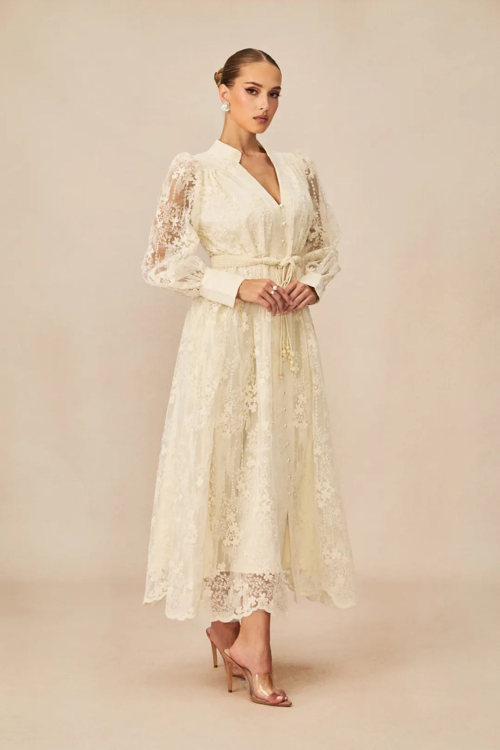 Kayla | Women’s Long Sleeve Waist Tie V Neck Flowy Midi Dress