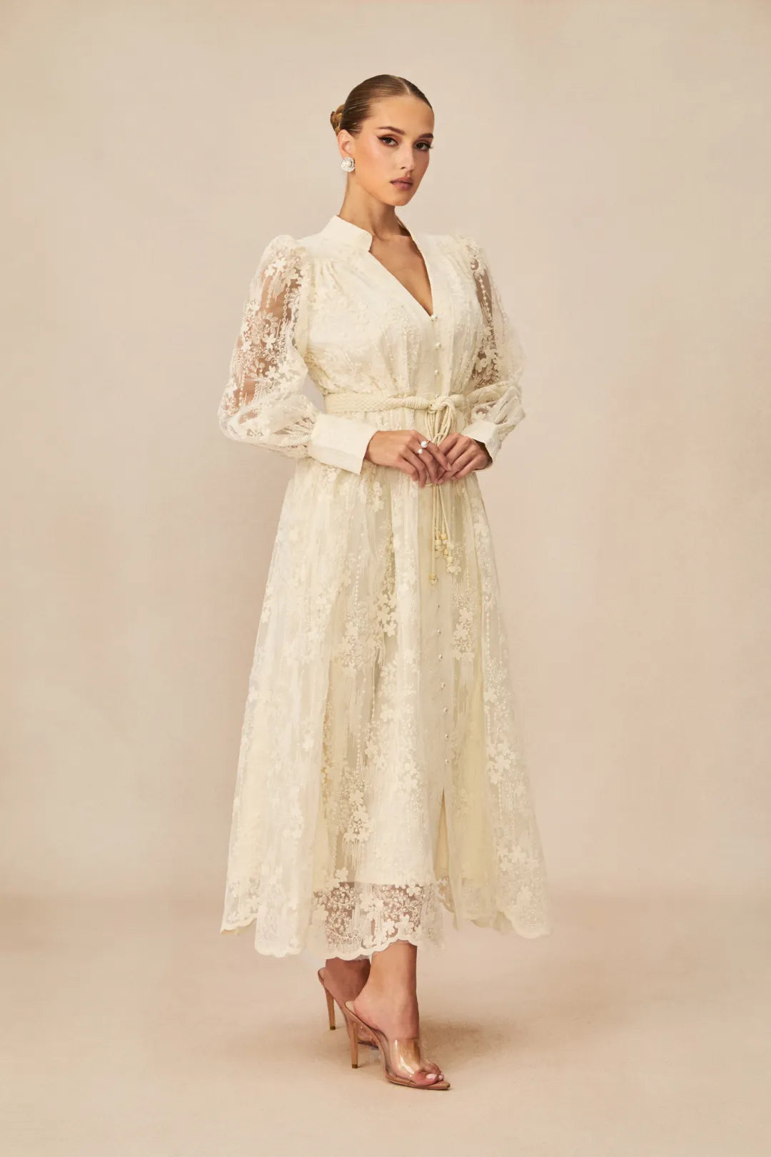 Kayla | Women’s Long Sleeve Waist Tie V Neck Flowy Midi Dress
