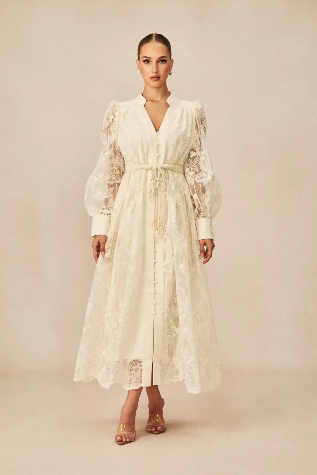 Kayla | Women’s Long Sleeve Waist Tie V Neck Flowy Midi Dress