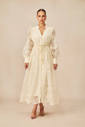 Kayla | Women’s Long Sleeve Waist Tie V Neck Flowy Midi Dress