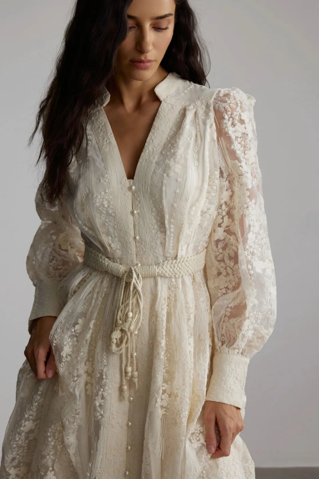 Kayla | Women’s Long Sleeve Waist Tie V Neck Flowy Midi Dress