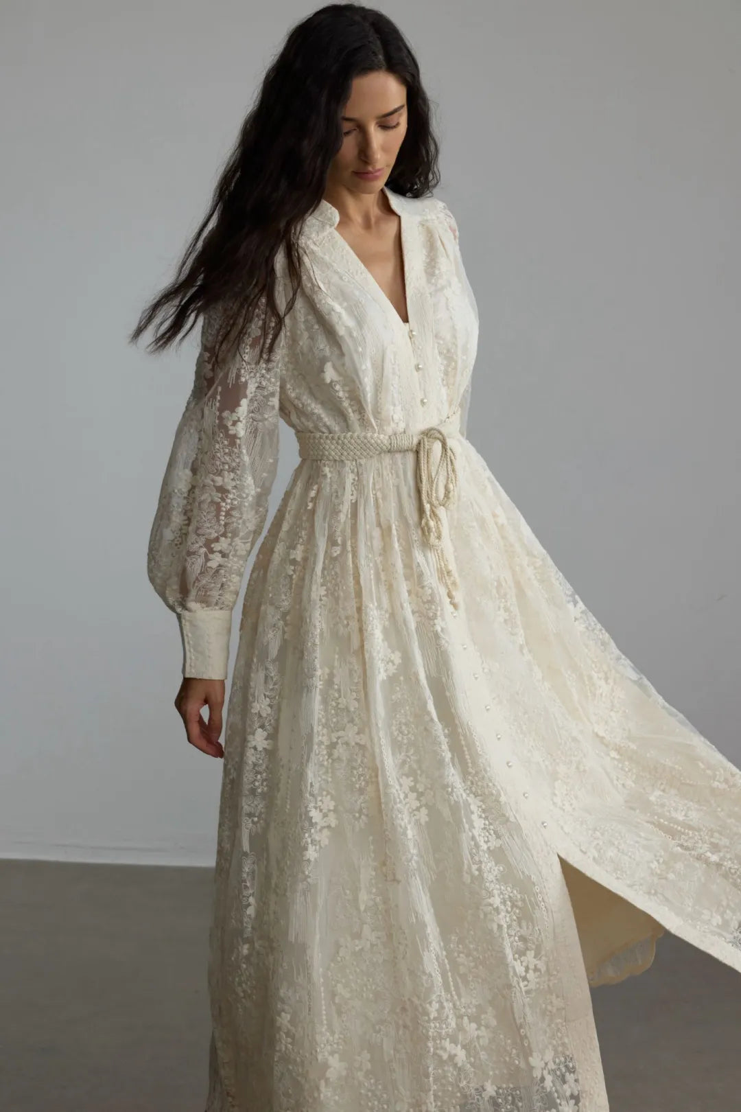 Kayla | Women’s Long Sleeve Waist Tie V Neck Flowy Midi Dress