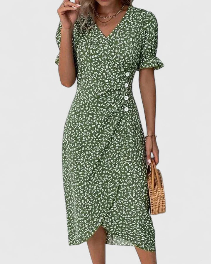 Kellie | Women's Printed Short Sleeve V Neck Button Front Midi Dress