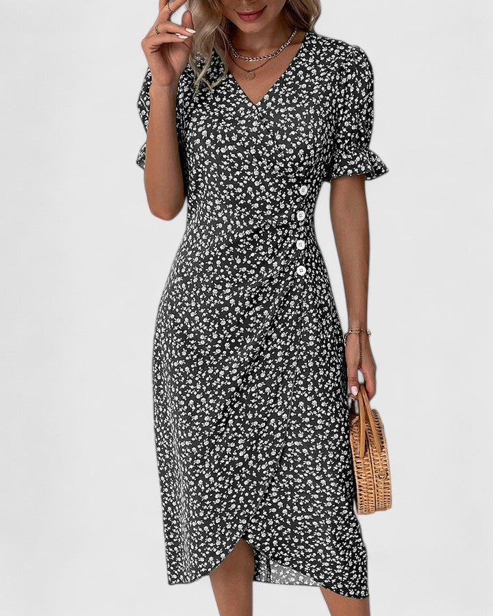 Kellie | Women's Printed Short Sleeve V Neck Button Front Midi Dress