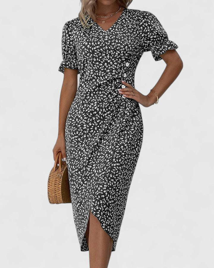 Kellie | Women's Printed Short Sleeve V Neck Button Front Midi Dress