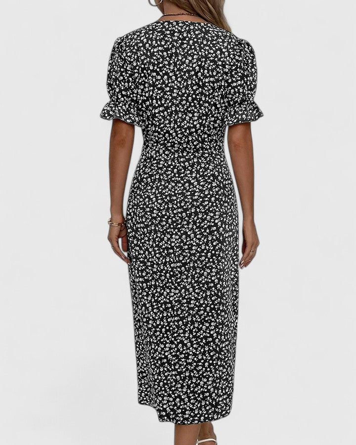 Kellie | Women's Printed Short Sleeve V Neck Button Front Midi Dress