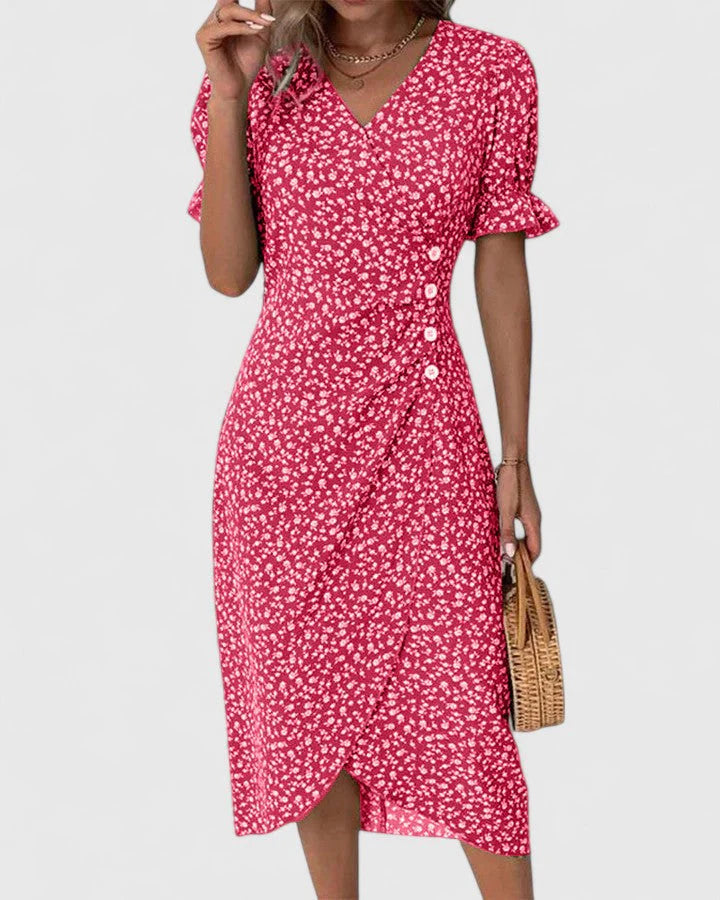 Kellie | Women's Printed Short Sleeve V Neck Button Front Midi Dress