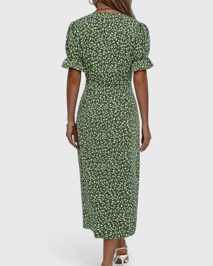 Kellie | Women's Printed Short Sleeve V Neck Button Front Midi Dress