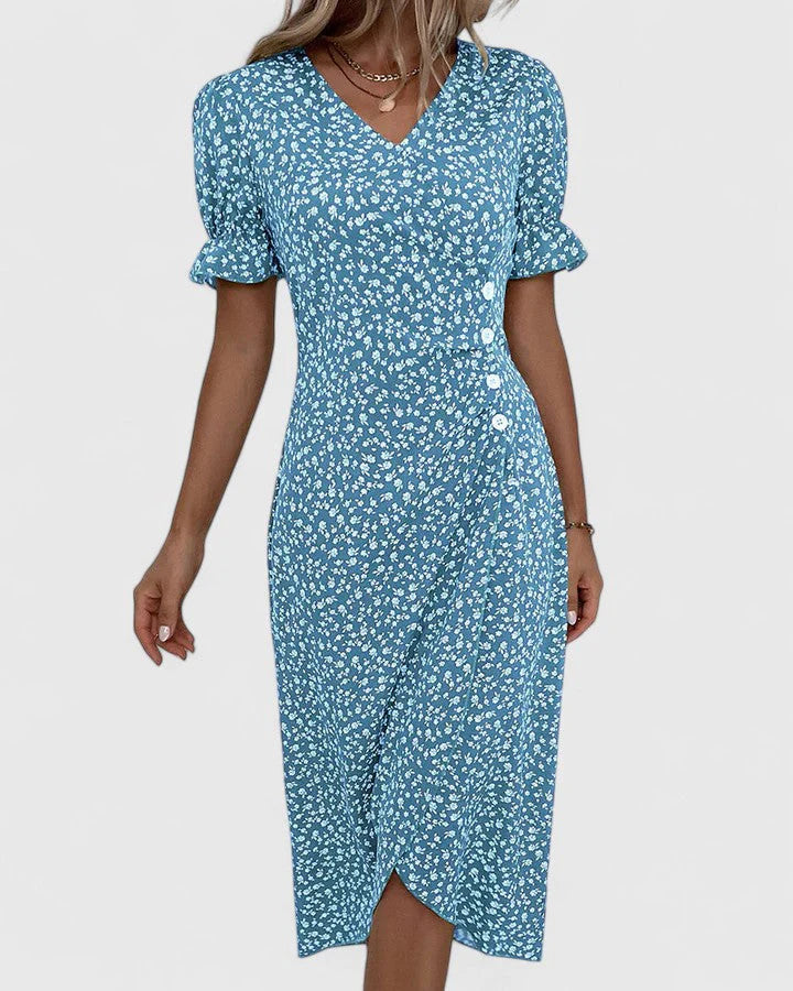 Kellie | Women's Printed Short Sleeve V Neck Button Front Midi Dress