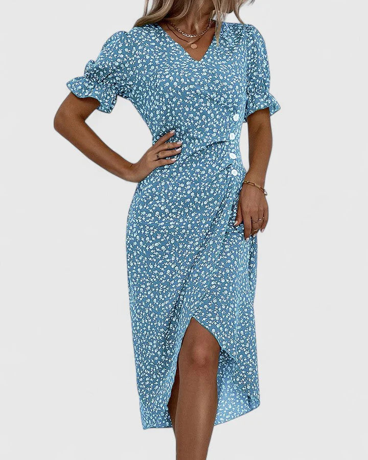 Kellie | Women's Printed Short Sleeve V Neck Button Front Midi Dress