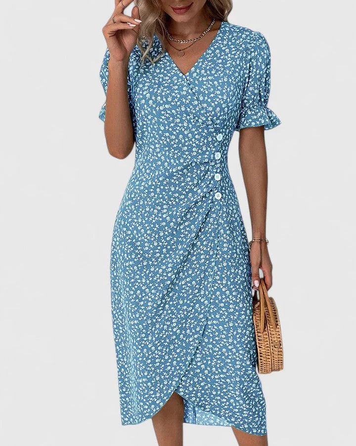 Kellie | Women's Printed Short Sleeve V Neck Button Front Midi Dress
