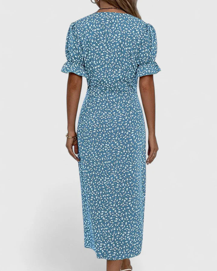 Kellie | Women's Printed Short Sleeve V Neck Button Front Midi Dress
