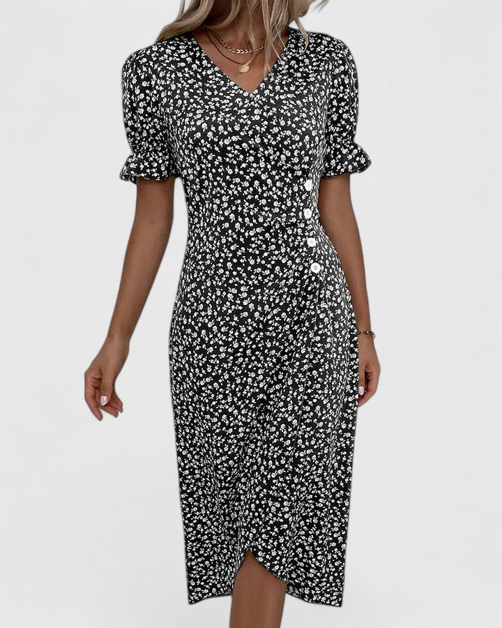Kellie | Women's Printed Short Sleeve V Neck Button Front Midi Dress