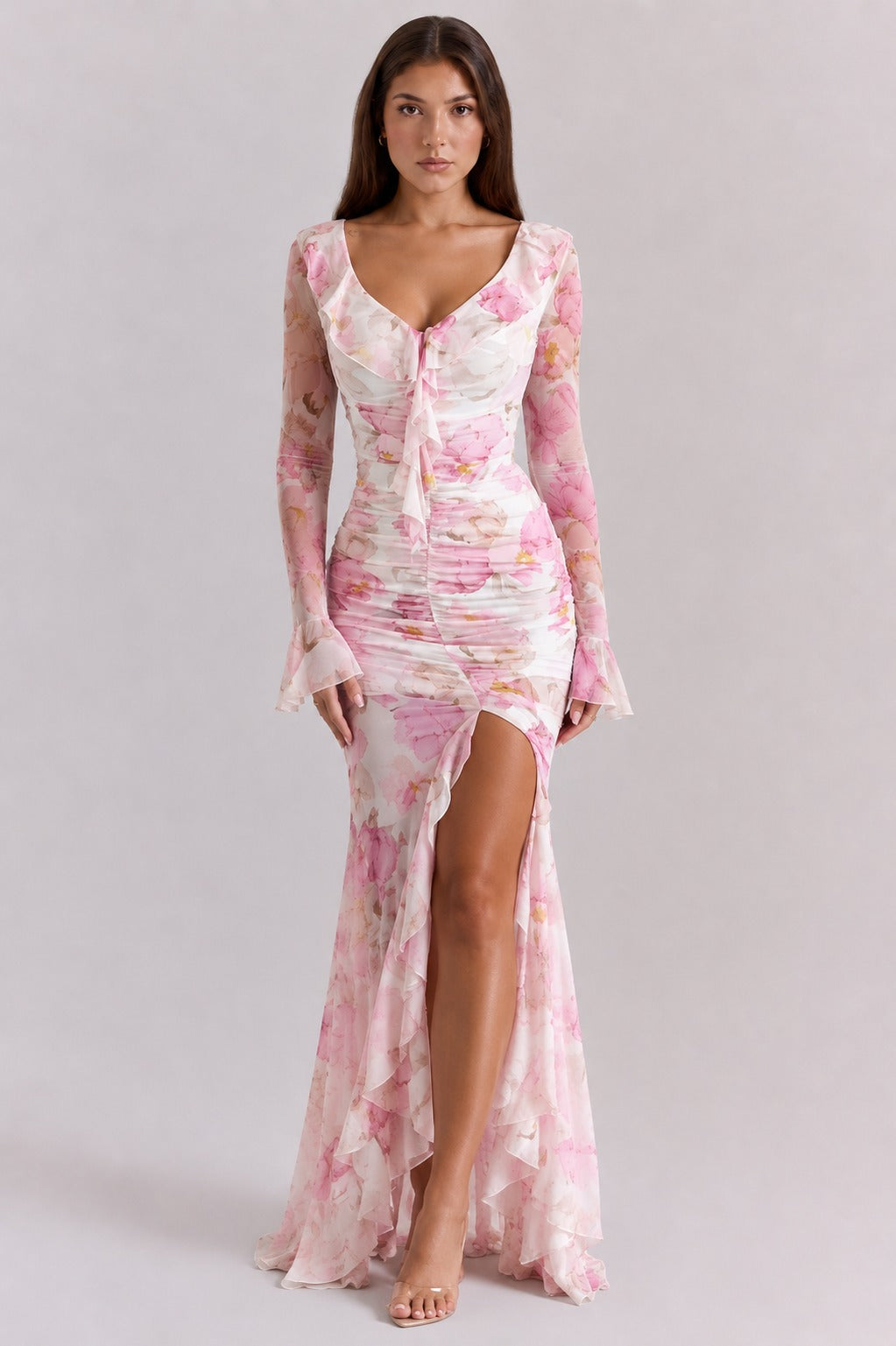 Kiera | Women’s Long Sleeve Mesh Ruched V Neck Maxi Dress