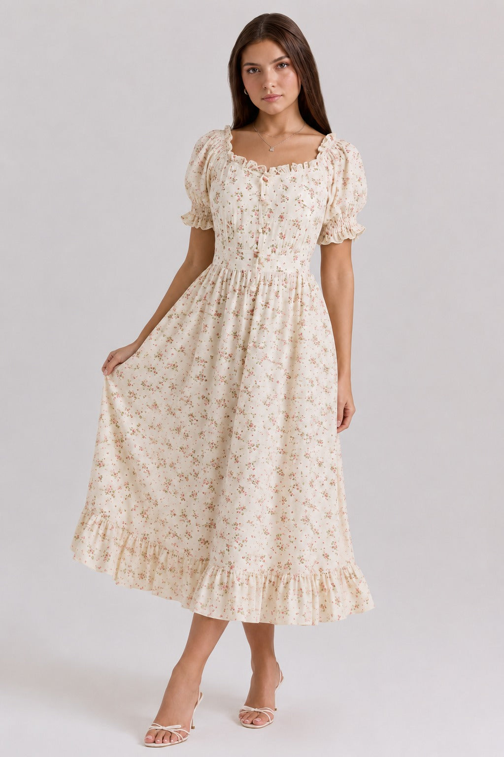 Kristina | Women’s Puff Sleeve Square Neck Ruffle Midi Dress