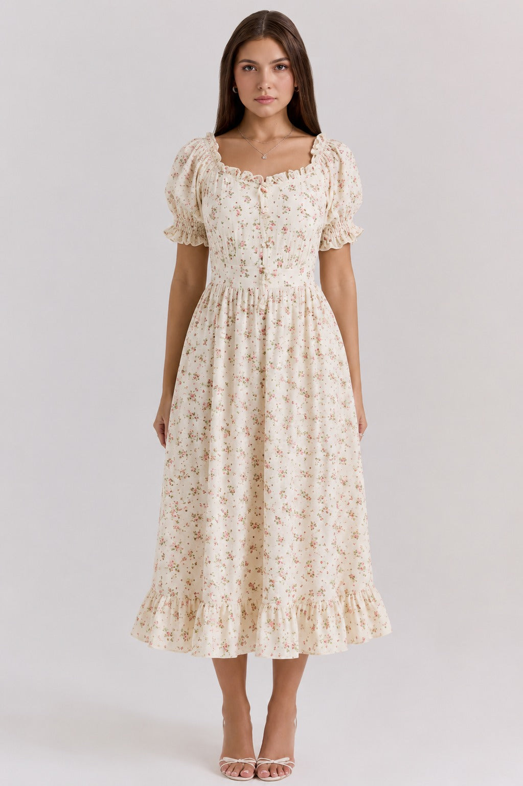 Kristina | Women’s Puff Sleeve Square Neck Ruffle Midi Dress