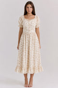 Kristina | Women’s Puff Sleeve Square Neck Ruffle Midi Dress