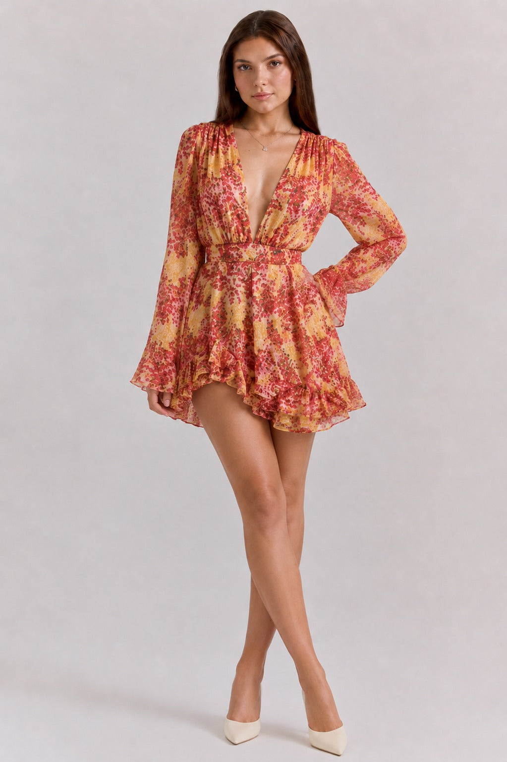 Kristine | Women’s Long Sleeve V Neck Ruffled Grad Party Mini Dress