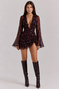Kristine | Women’s Long Sleeve V Neck Ruffled Grad Party Mini Dress