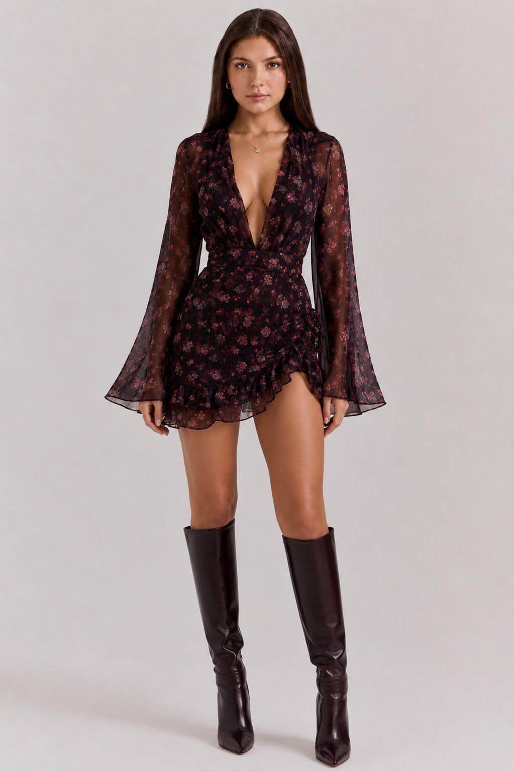 Kristine | Women’s Long Sleeve V Neck Ruffled Grad Party Mini Dress