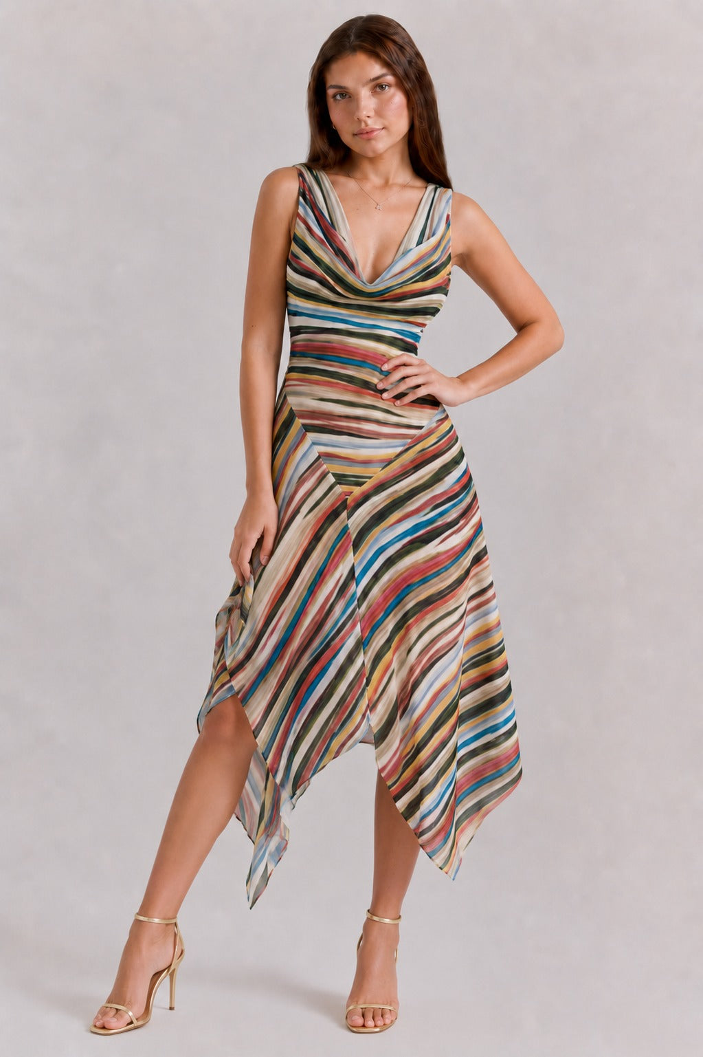 Kylee | Women’s Draped Striped Sleeveless V Neck Midi Dress