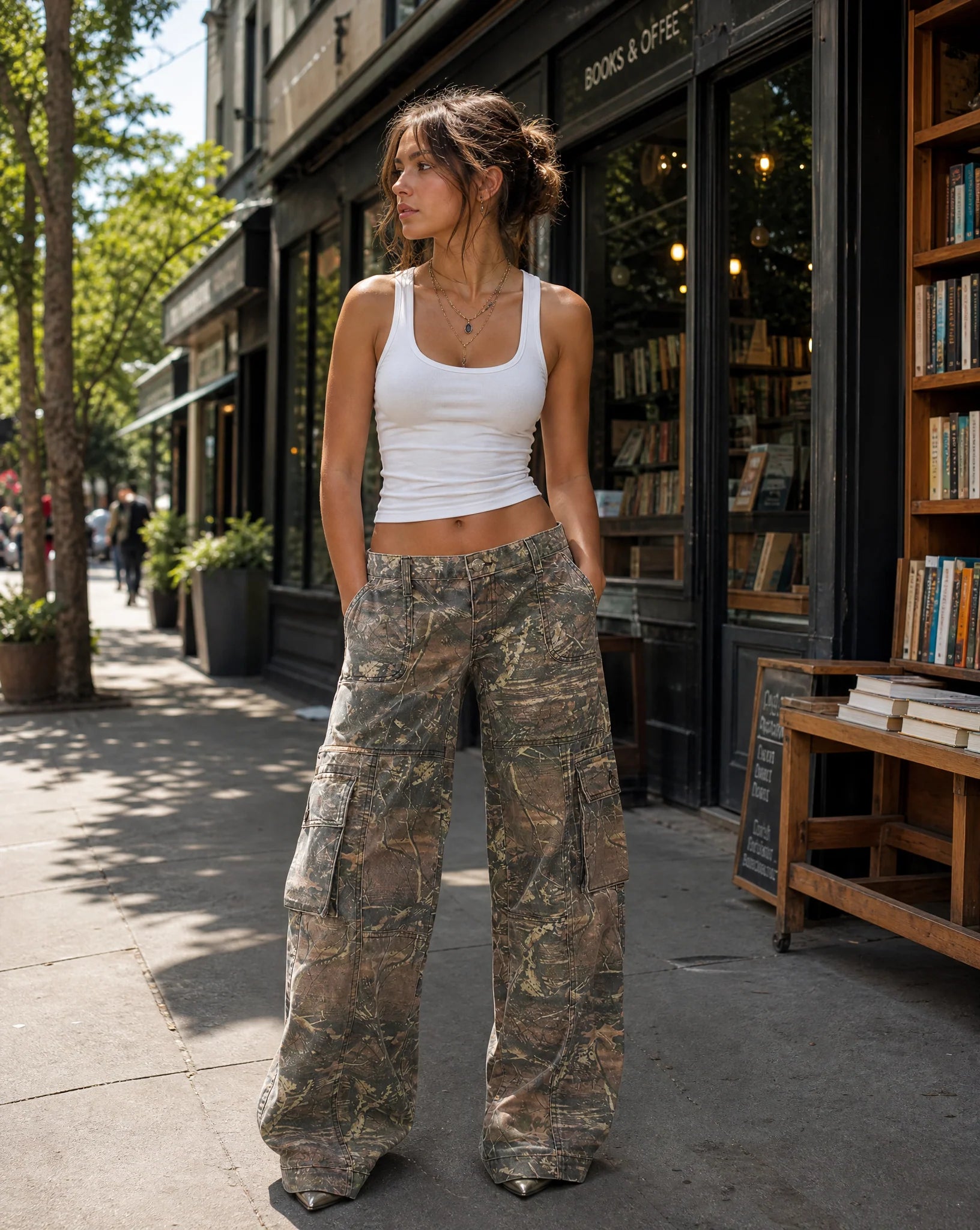 Kyra | Women's Button Front Wide Leg Utility Pocket Cargo Pants