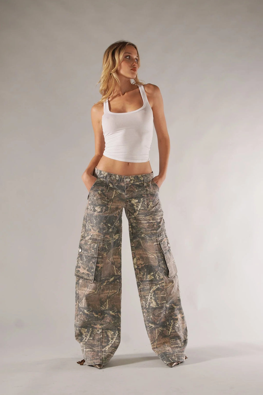 Kyra | Women's Button Front Wide Leg Utility Pocket Cargo Pants