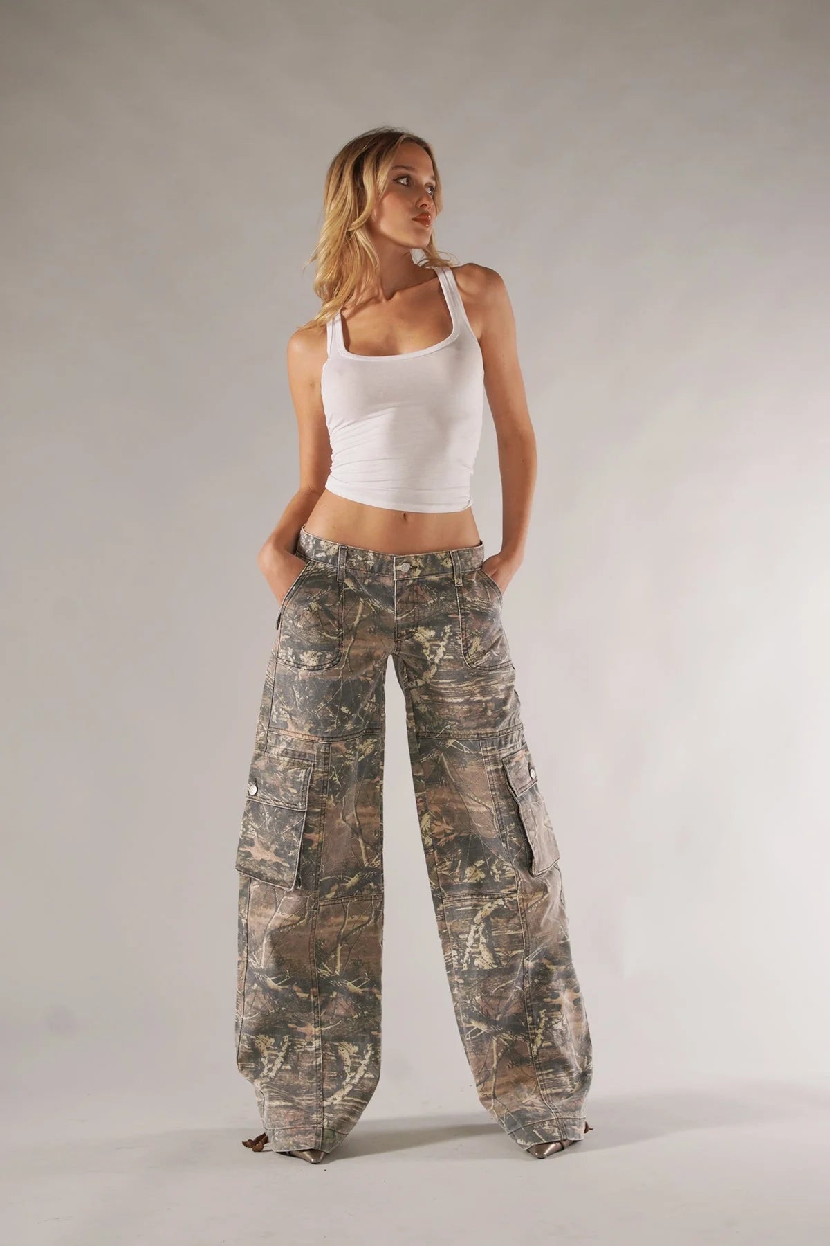 Kyra | Women's Button Front Wide Leg Utility Pocket Cargo Pants